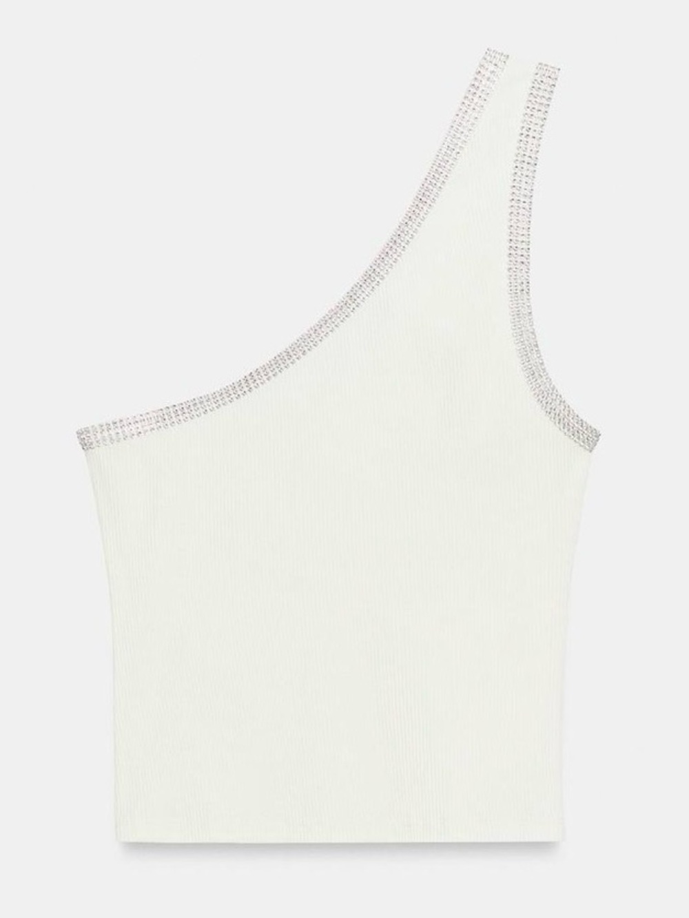 Zara White One-Shoulder Ribbed Tank with Rhinestone Trim - Picture 3 of 3